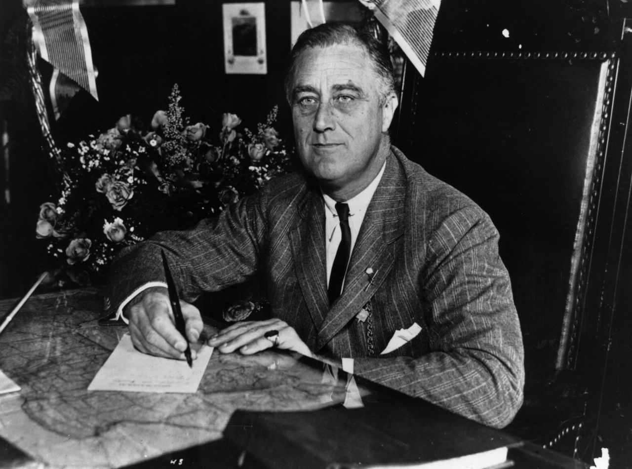 1936: Franklin Delano Roosevelt (1882 - 1945) the 32nd President of the United States from 1933-45. A Democrat, he led his country through the depression of the 1930's and World War II, and was elected for an unprecedented fourth term of office in 1944. (Photo by Keystone Features/Getty Images)
